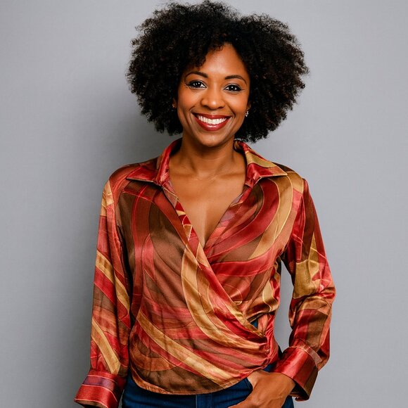 Lafayette 148 New York Tops - Lafayette 148 New York Size 6 Silk Wrap Blouse Gold Brown Red Luxury Career Top